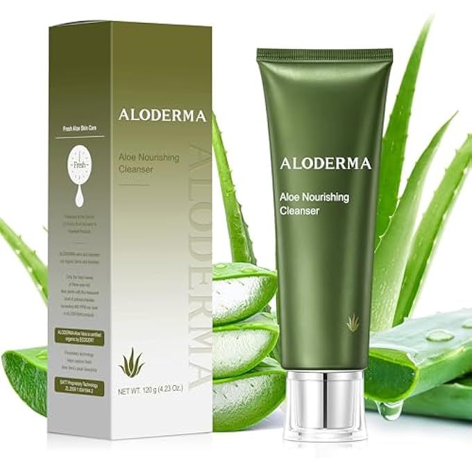 Aloderma منظف وجه مغذي بالألوة - مصنوع من 76% عصير ألوة عضوي نقي خلال 12 ساعة من الحصاد ، 120غ ، يقلل من الخطوط الدقيقة والتجاعيد ، طبيعي بالكامل - Image 1